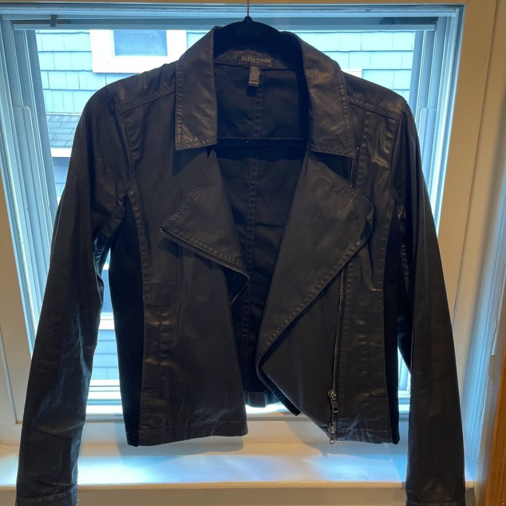 EILEEN FISHER black zip up faux leather moto jacket